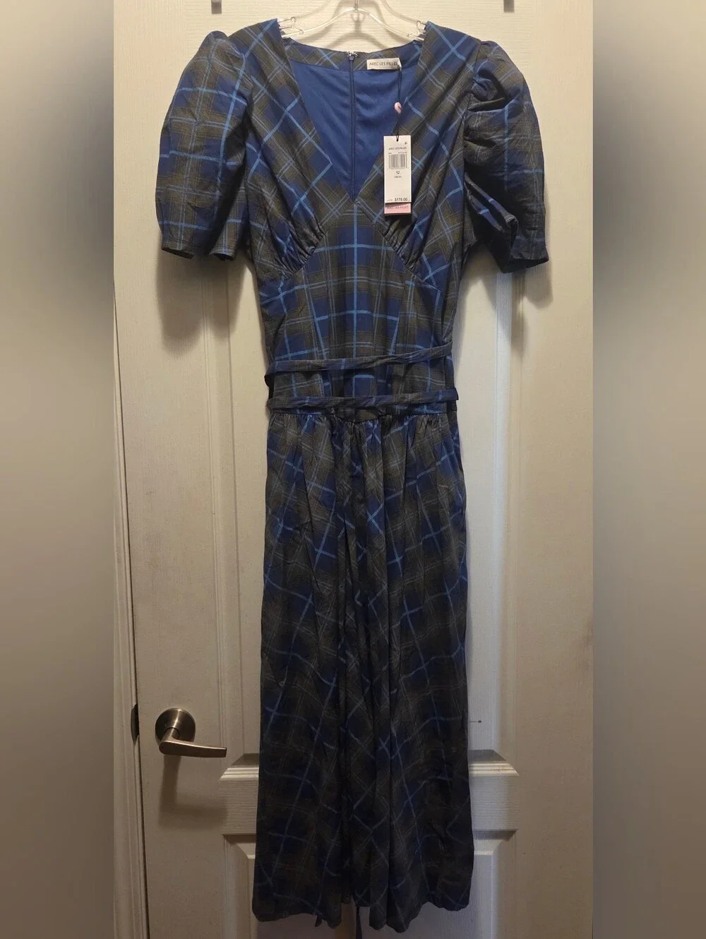 NWT Avec Les Filles Plaid Puff Sleeve Tie Belt Midi Dress - Size 12